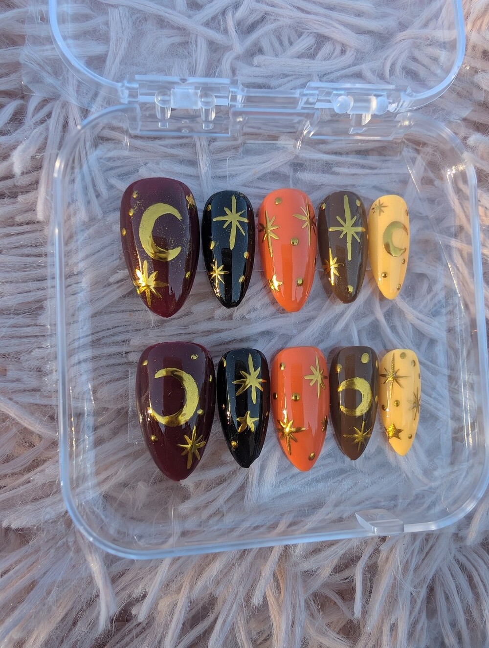 Press-On Nail Set in Burgundy, Black, Orange & Yellow - Gold Star Accent Witchy